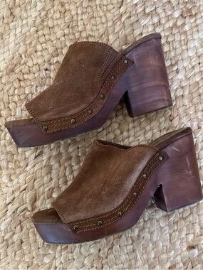 MANGO BROWN LEATHER PLATFORM MULES CLOGS Size 7